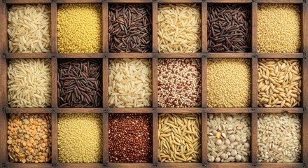 Wooden spice box with 15 compartments filled with colorful grains, seeds, and spices, emphasizing culinary diversity, seasoning ingredients, and natural food options