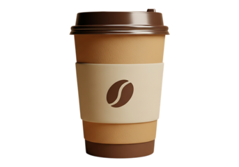 Brown coffee cup with sleeve and coffee bean logo isolated on transparent background