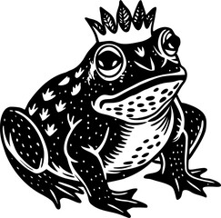 Black and White Woodcut Style Frog King crown royalty