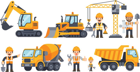 Illustration of construction vehicles and workers including excavator and dump truck in yellow color