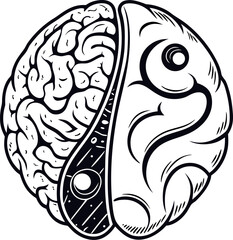 Yin Yang Brain with Mechanical and Organic Halves symbol