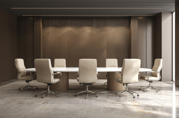 Fototapeta premium Modern conference room with large oval table and beige leather chairs, set in minimalist design