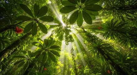 Obraz premium Spectacular low-angle view of a dense jungle canopy with brilliant sunbeams piercing through the lush green foliage.