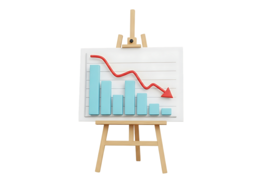 Easel displaying a downward trend bar chart isolated on transparent background