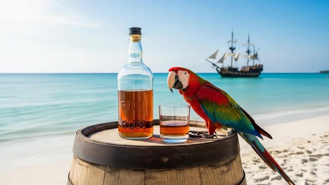 Colorful parrot drinks rum on tropical beach with wooden barrel and ship in background