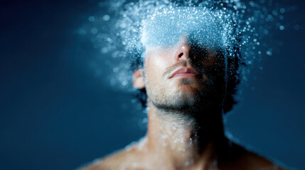 person wearing headphones is immersed in futuristic experience with holographic interface projected in front of