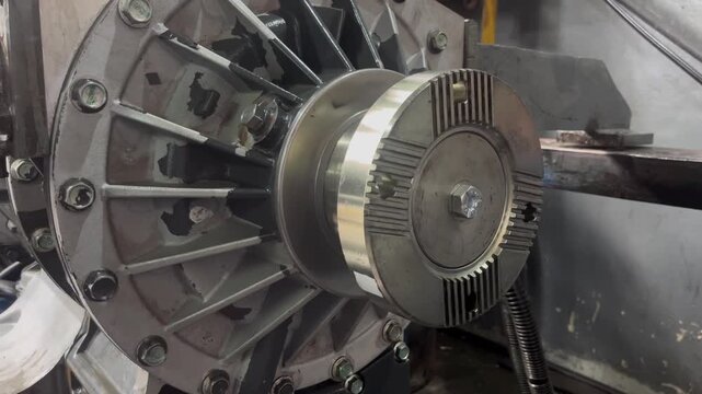 Allison Transmission 4000 series on Dyno Test or test bench in a Professional Automotive Workshop at Balikpapan. Showing output flange transmission