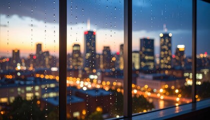 Fototapeta premium Rainy City Skyline At Sunset Through Window