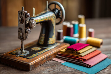 Classic boomer sewing machine resting on a wooden table surrounded by colorful threads and fabric swatches.