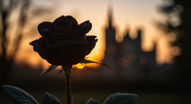 Dark rose silhouette against sunset with blurred castle background  