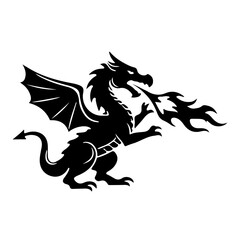 Black Silhouette Dragon Breathing Fire on White Background mythical