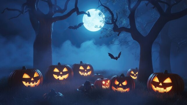 Spooky Halloween forest scene with glowing jack-o-lanterns and flying bats under a full moon night 2025 2026 download - Powered by Adobe