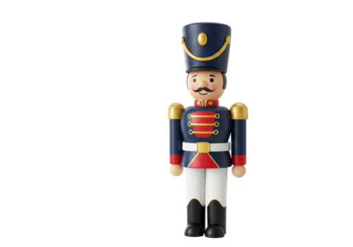 Isolated Classic Wooden Nutcracker Figure in Blue and Red Uniform