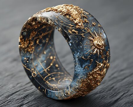 Celestial ring map etched into obsidian with luminous planetary nodes - Powered by Adobe