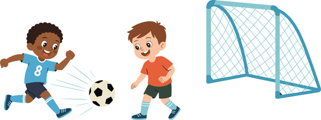 Two cartoon boys playing soccer near a goal post, football kids in action, youth sports activity, soccer training scene. © Miraj World