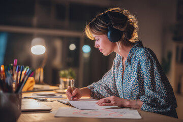 Fototapeta premium Mature Caucasian businesswoman wearing headphones during a virtual negotiation, focused and calm,
