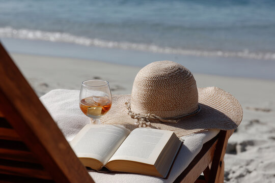 A beach scene with a book and a glass of wine on a chair - Powered by Adobe