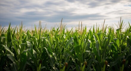 Obraz premium Green corn field with mature plants under a cloudy sky. Agriculture in summer season, growing food and harvest concept.