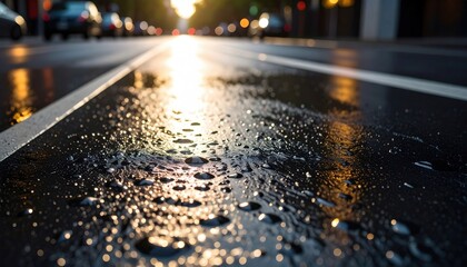 Wet City Street At Sunset