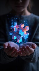 Child's hands hold a glowing puzzle piece