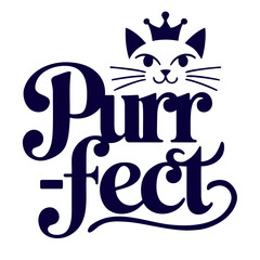 Purrfect text design with a cat face wearing a crown in navy blue on a white background image art