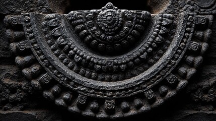 Obraz premium Intricate semi-circular stone carving with floral and geometric patterns, textured surface