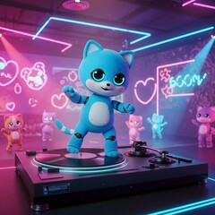 Robot kitten dancing on a turntable in a neon kawaii club