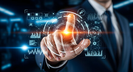Elegant businessman touching futuristic interface with data streams for innovative technology control