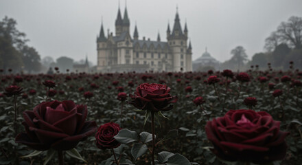 Dark red roses in foreground with castle background on a cloudy day  