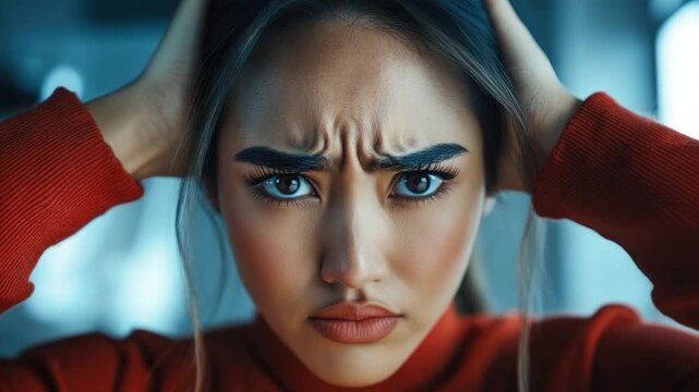 Close-up of a woman with furrowed brow, hands on head, expressing distress