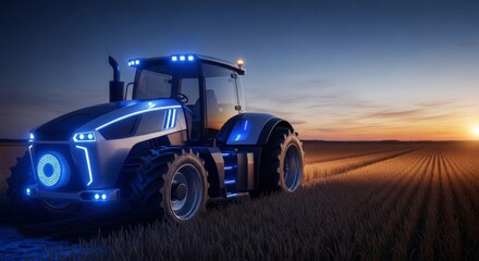 Fototapeta premium Autonomous tractor on farm field. Agricultural farming equipment with smart technology for smart cultivation. Future innovation in agriculture.