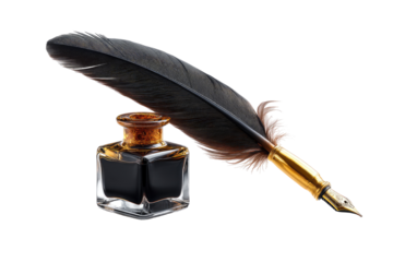 Quill pen and inkwell, close-up. Dark feather, gold pen, amber glass inkwell, filled with dark ink