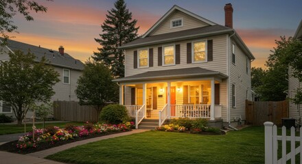 Charming house at dusk in residential area