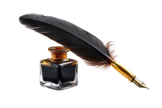 Quill pen and inkwell, close-up. Dark feather, gold pen, amber glass inkwell, filled with dark ink
