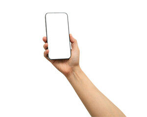Asian woman holding smartphone in hand with blank screen isolated on white background with clipping path.