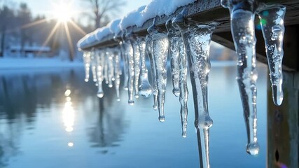 Dripping icicles catch winter sunbeams reflecting on calm water, creating a serene frosty scene. - Powered by Adobe