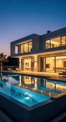 Modern house by pool at dusk