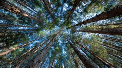 Obraz premium Forest canopy: A breathtaking view from below, showcasing the towering trees of a lush forest canopy reaching towards a sunlit sky. 