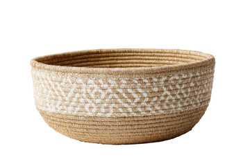Round woven basket with cream-colored design