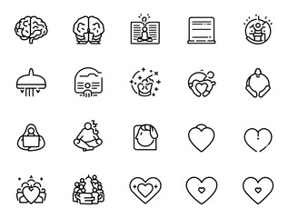 Fototapeta premium A vector icon bundle focused on self-care and mental well-being. Features minimalist symbols like meditation, sleep, self-love, and journaling. Ideal for health content, apps, and education.
