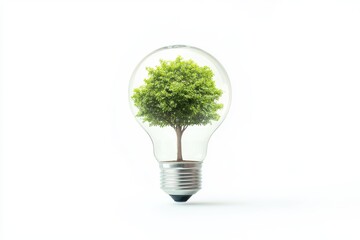 Green tree growing inside a light bulb isolated on white background