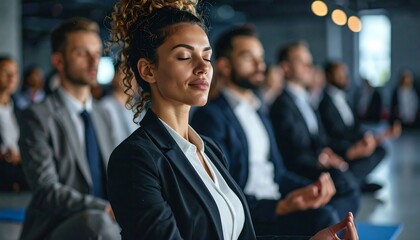 Business people meditating in a conference room