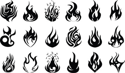 Collection of stylized black fire flame silhouettes. A diverse set of powerful graphic icons, tribal tattoo designs, and energetic emblems.