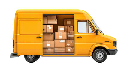 A bright yellow delivery van, side view, filled with cardboard boxes