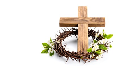 Wooden cross and crown of thorns with spring blossoms