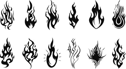 A diverse set of stylized black fire and flame icons. Perfect for tribal tattoo designs, graphic stencils, and symbolic vector illustrations.