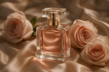 Exquisite Essence: A stylish perfume bottle rests amidst delicate pastel roses and satin cloth, portraying sophistication and sensory delight.