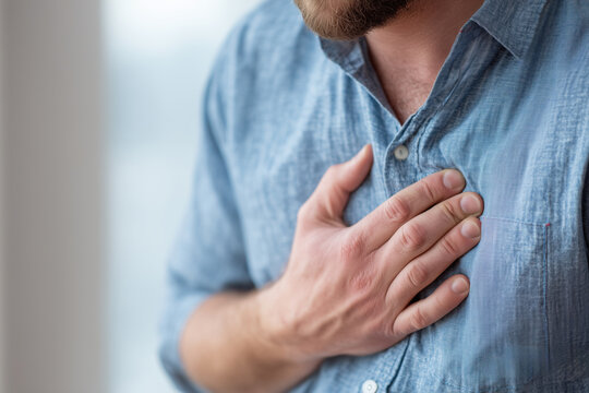 A man is holding his chest with his hand. He appears to be having a heart attack or experiencing pain