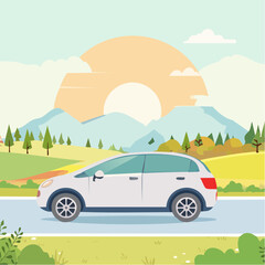 Fototapeta premium Scenic Road Trip: A Compact Car Journey Through Picturesque Landscape with a Vibrant Sunset