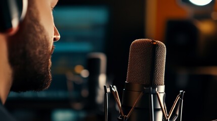 Voiceover booth with film editor and mic, ADR session in process